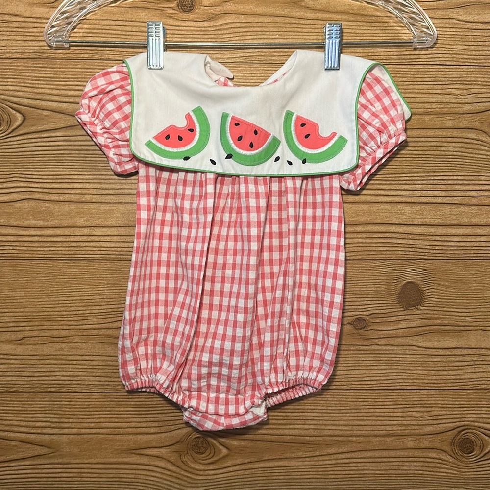 12 M Girls Vintage Ashton Connor Bubble Onesie- Pink Watermelon